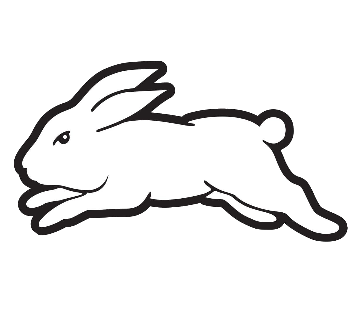 A black and white drawing of a rabbit running.