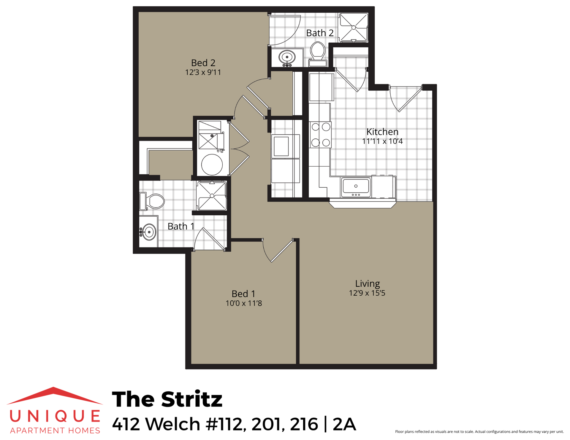 The Stritz | Floor plan layout of a spacious apartment unit at Unique Apartment Homes in Ames, IA, featuring modern design and functional living spaces.