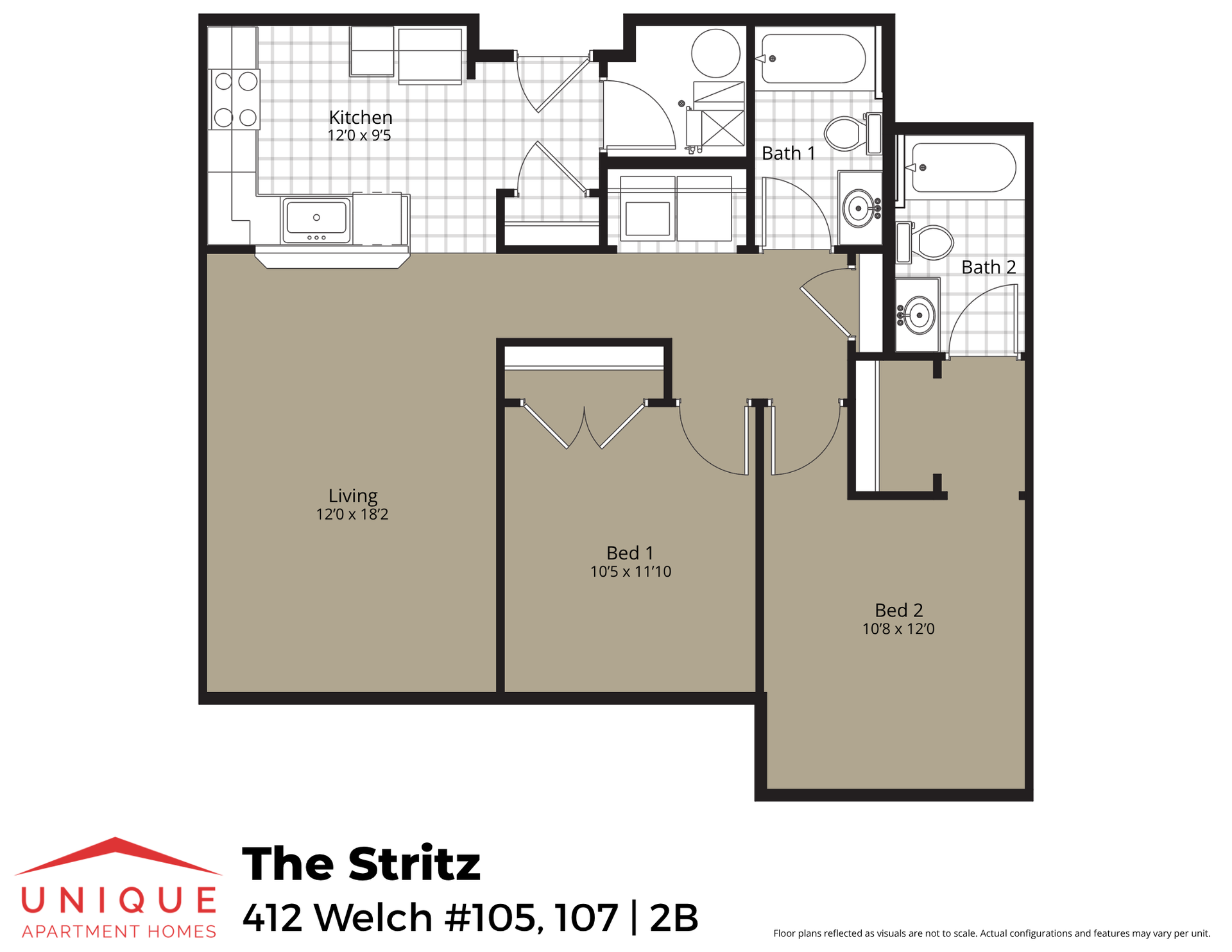 The Stritz | Floor plan layout of a spacious apartment unit at Unique Apartment Homes in Ames, IA, featuring modern design and functional living spaces.