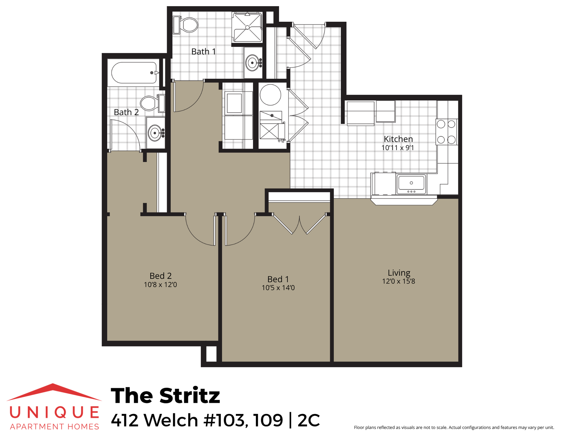 The Stritz | Floor plan layout of a spacious apartment unit at Unique Apartment Homes in Ames, IA, featuring modern design and functional living spaces.