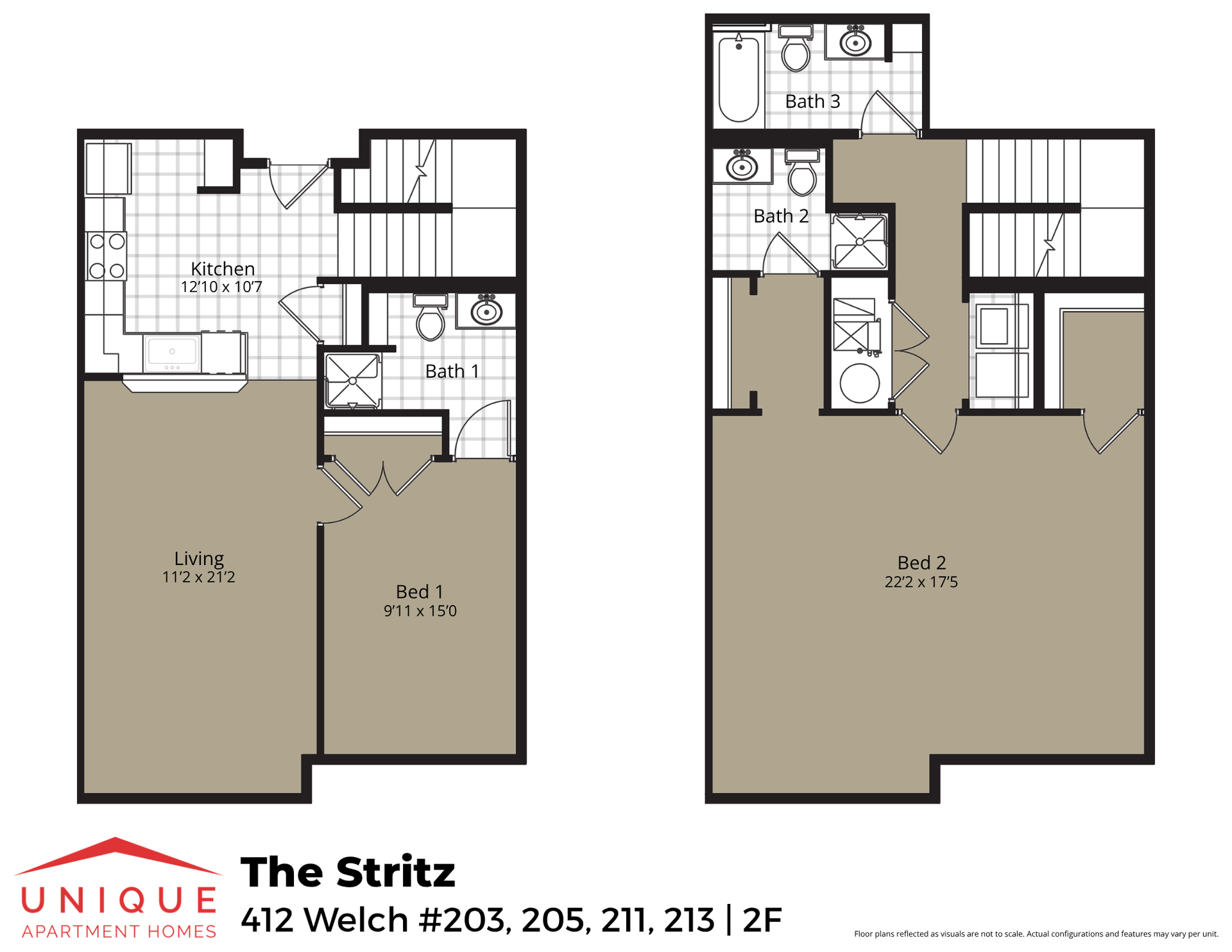 The Stritz | Floor plan layout of a spacious apartment unit at Unique Apartment Homes in Ames, IA, featuring modern design and functional living spaces.