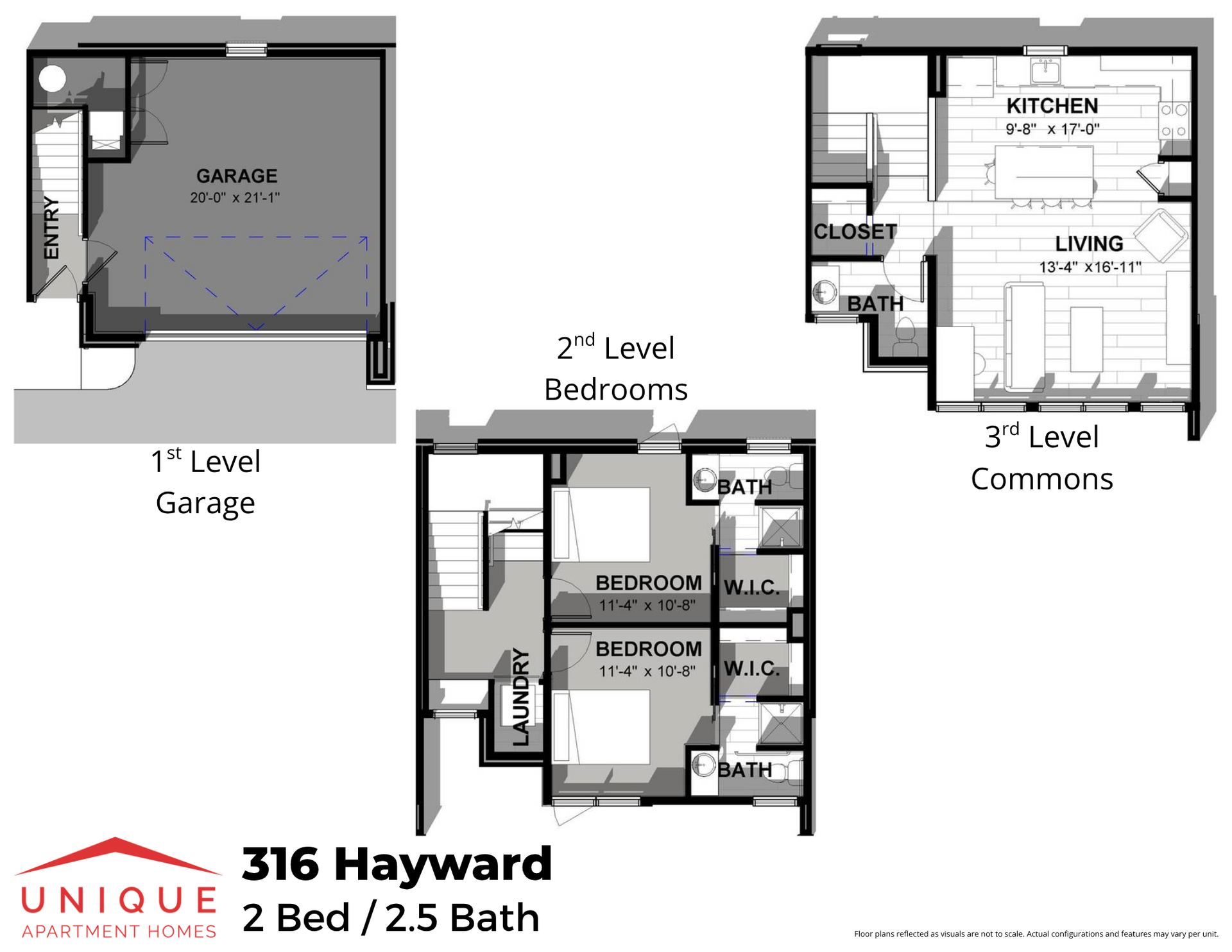 316 Hayward | Floor plan layout of a spacious townhome at Unique Apartment Homes in Ames, IA, featuring modern design and functional living spaces.