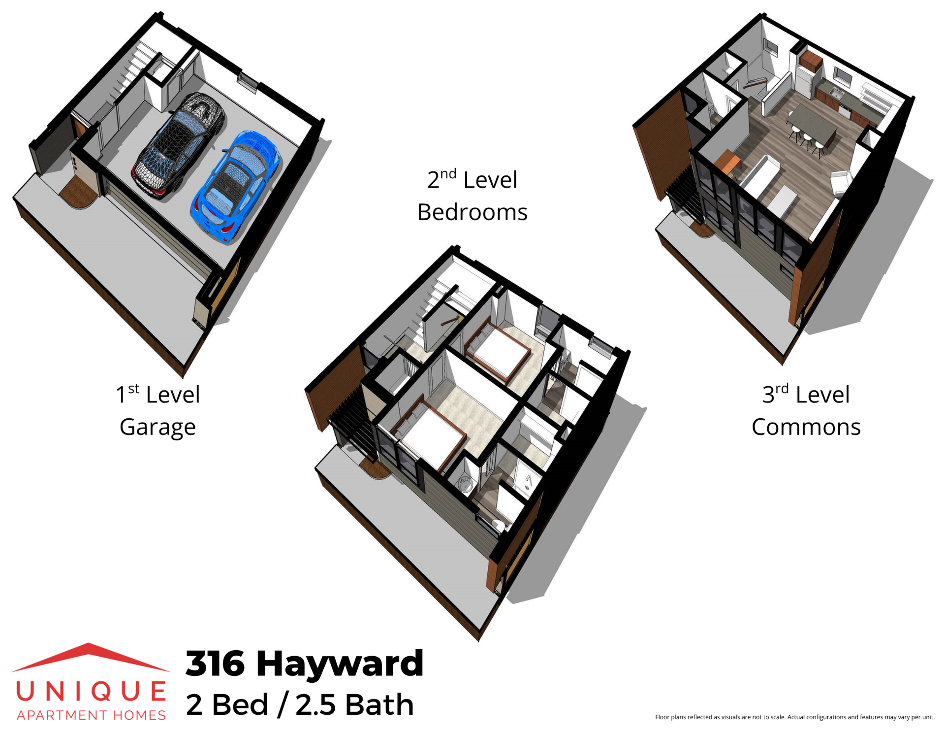 316 Hayward | Floor plan layout of a spacious townhome at Unique Apartment Homes in Ames, IA, featuring modern design and functional living spaces.