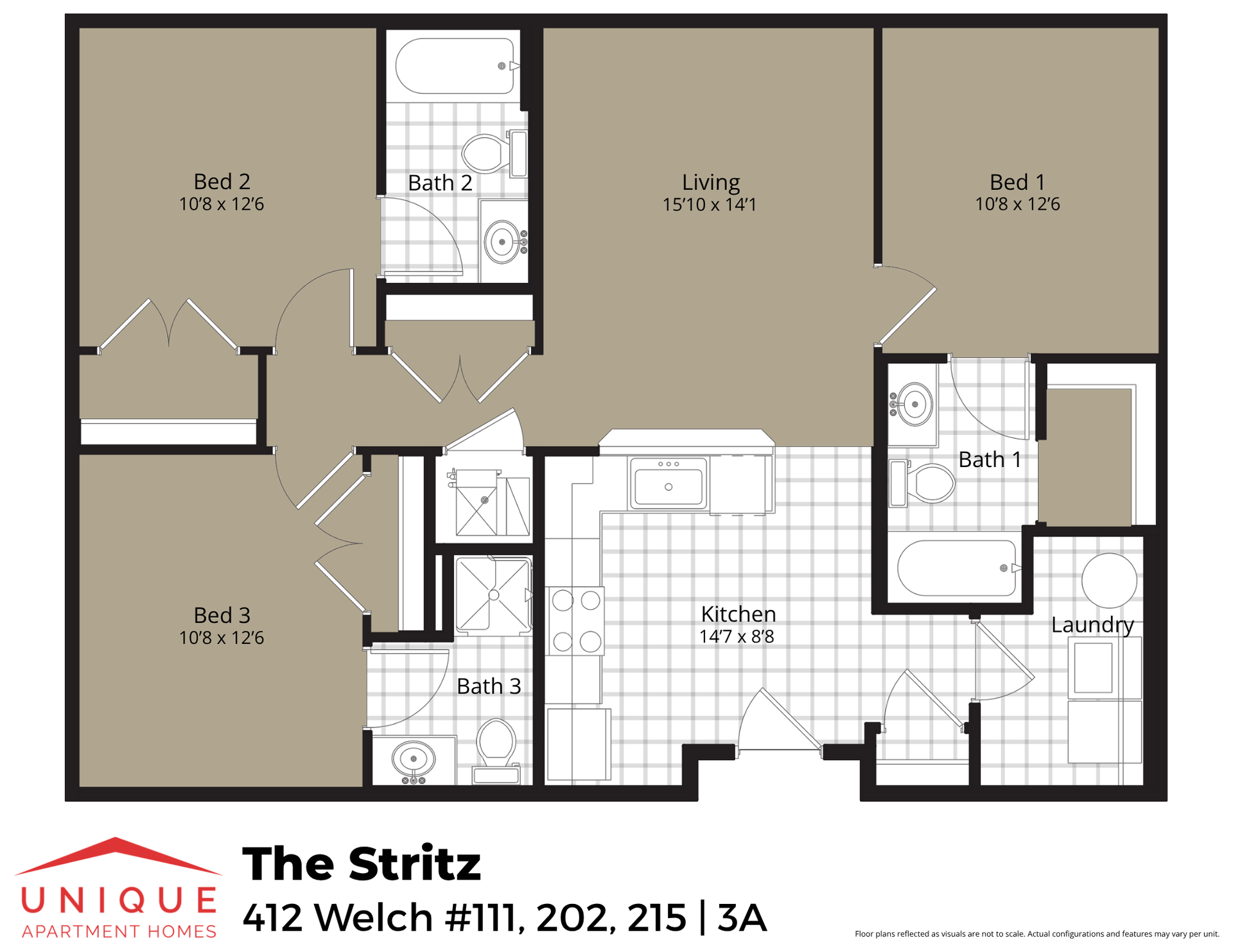 The Stritz | Floor plan layout of a spacious apartment unit at Unique Apartment Homes in Ames, IA, featuring modern design and functional living spaces.