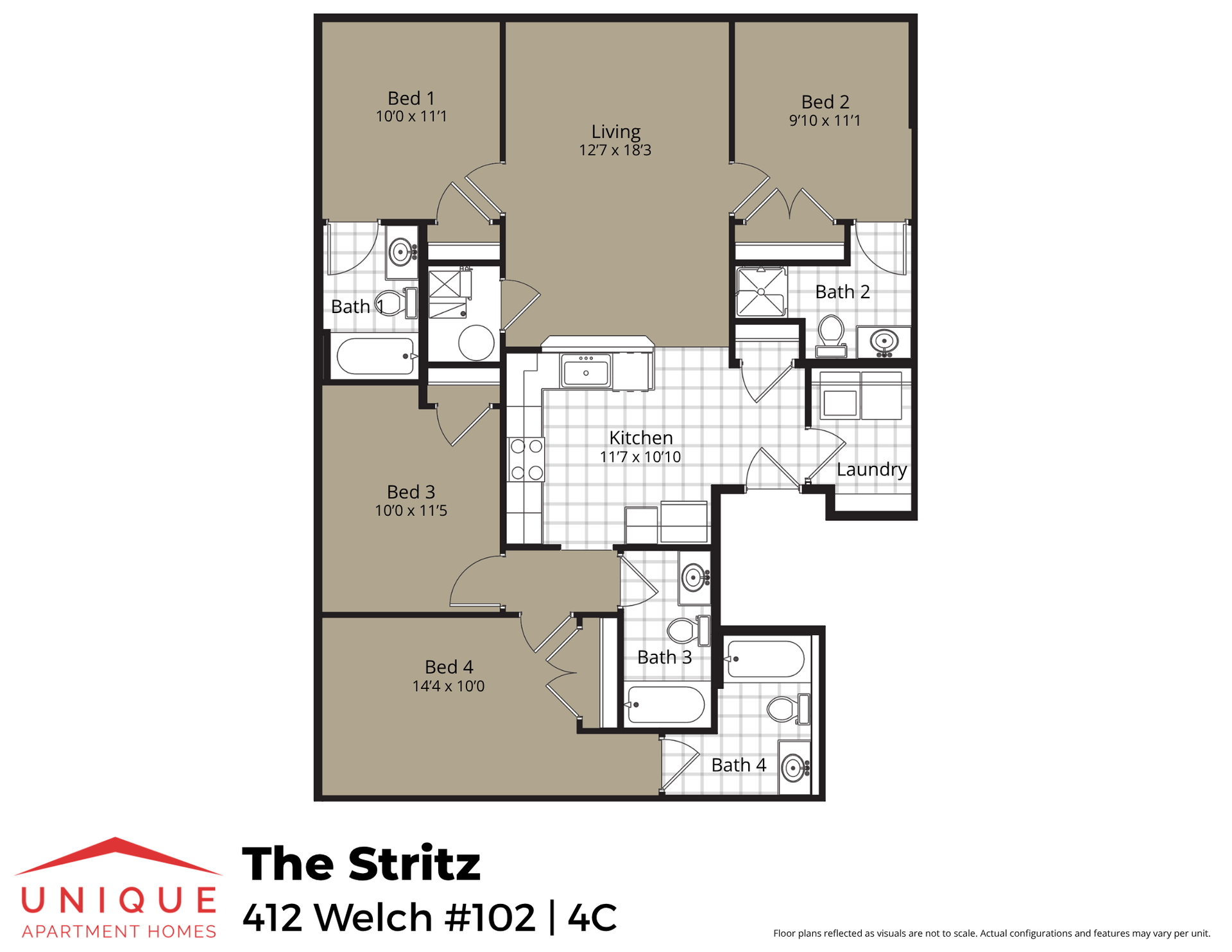 The Stritz | Floor plan layout of a spacious apartment unit at Unique Apartment Homes in Ames, IA, featuring modern design and functional living spaces.