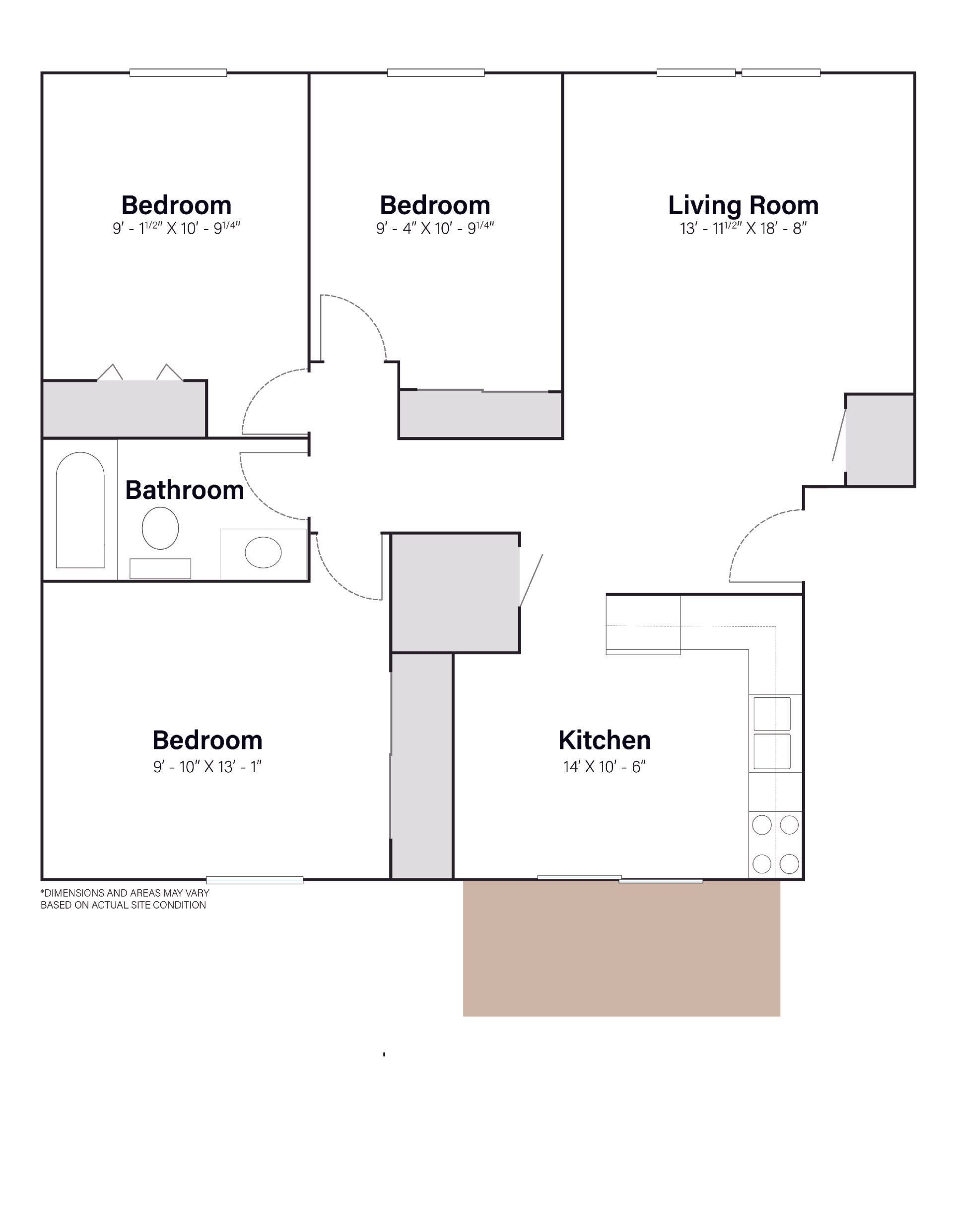 134 Hyland | Floor plan layout of a spacious apartment unit at Unique Apartment Homes in Ames, IA, featuring comfortable design and functional living spaces.