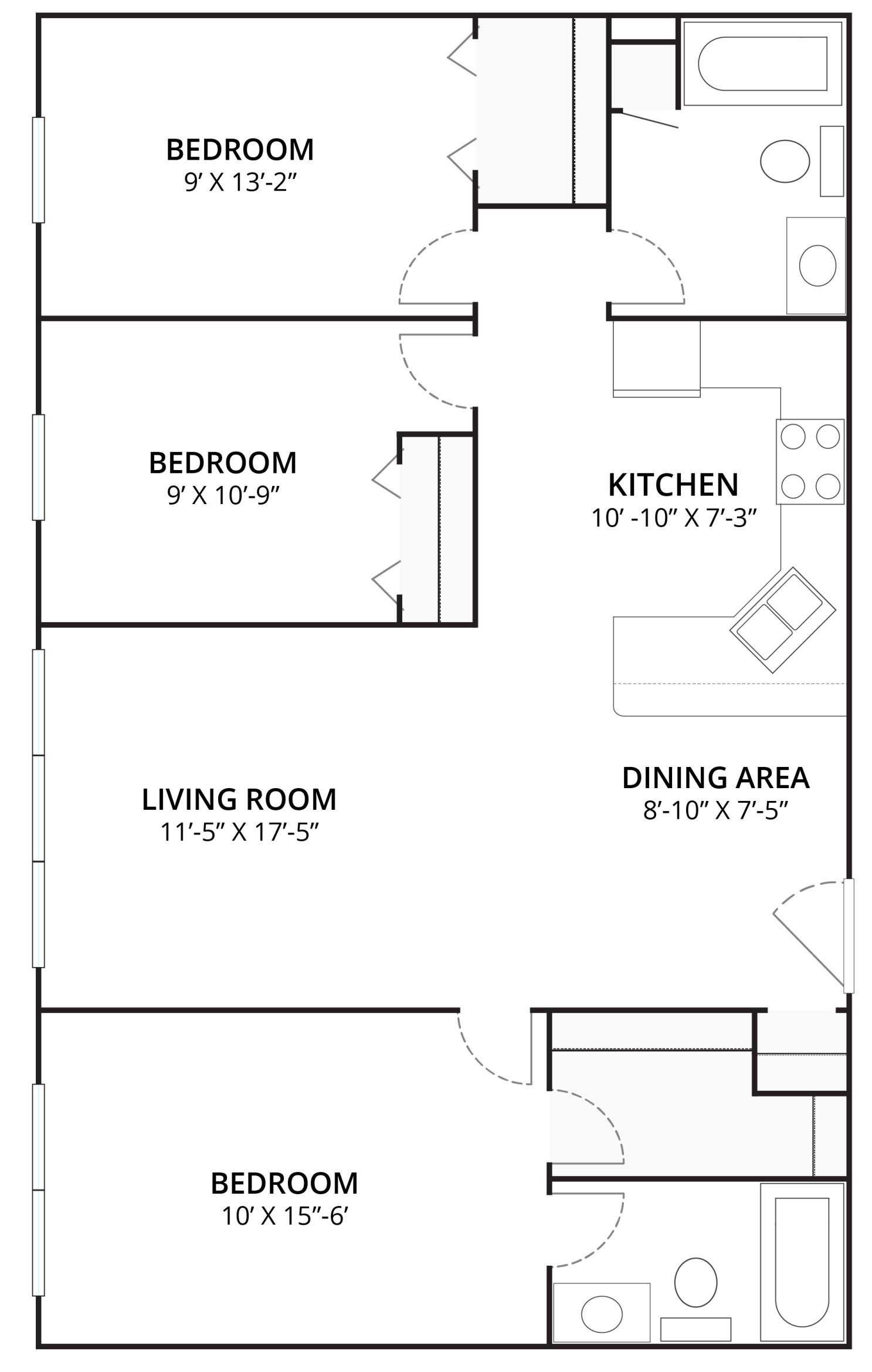 Campus Pointe | Floor plan layout of a spacious apartment unit at Unique Apartment Homes in Ames, IA, featuring comfortable design and functional living spaces.