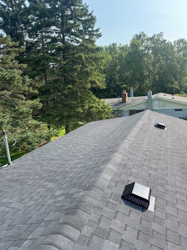 Gray shingled roof with two vents, surrounded by tall trees under a clear sky