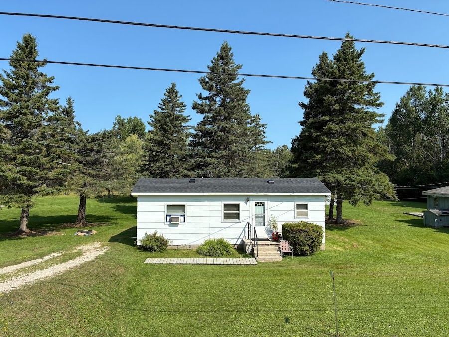 Small white house with a green roof on a grassy lawn, with trees and power lines behind it.