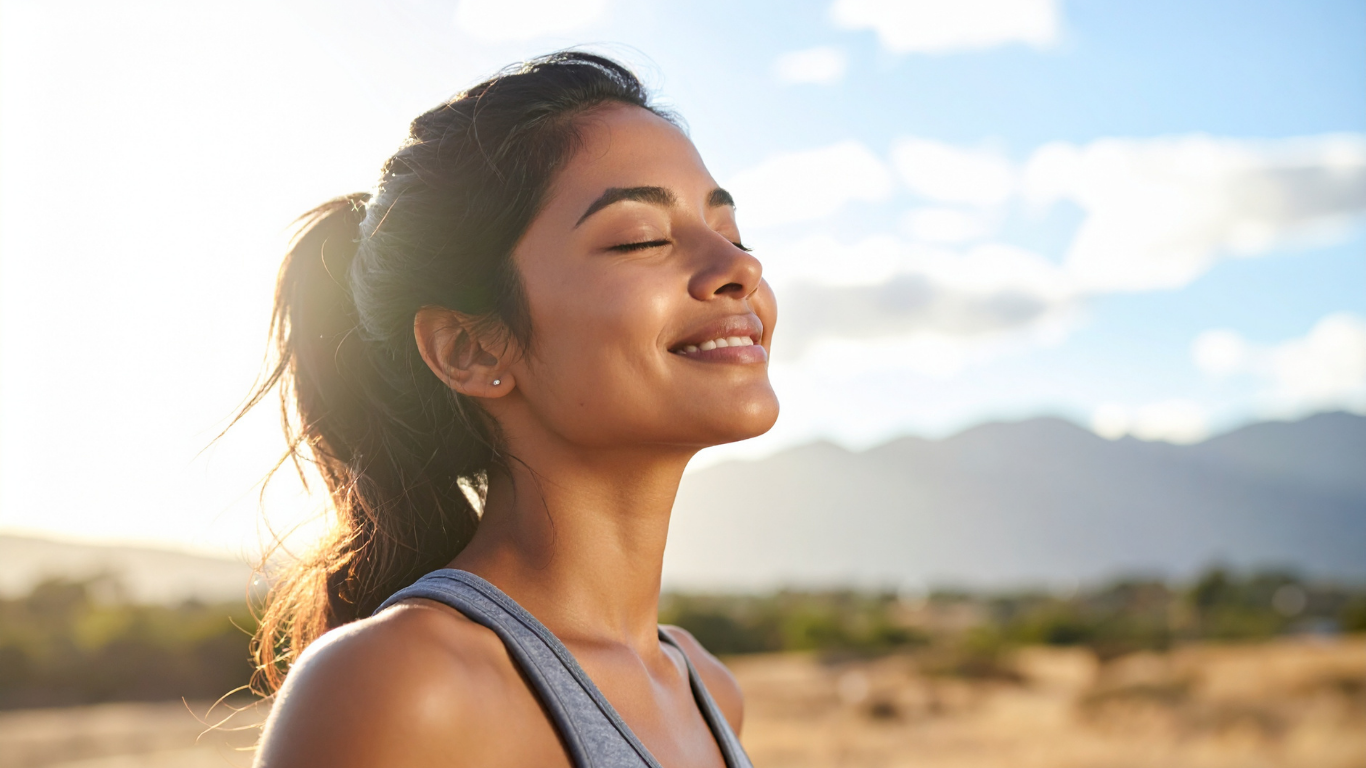 Woman with eyes closed, smiling, enjoying sunlight in outdoor setting with mountains.