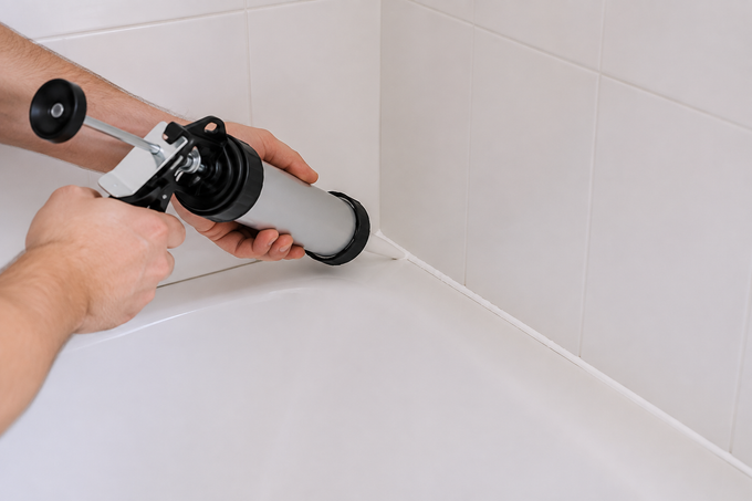 Person applying white caulk along a bathtub seam with a caulking gun