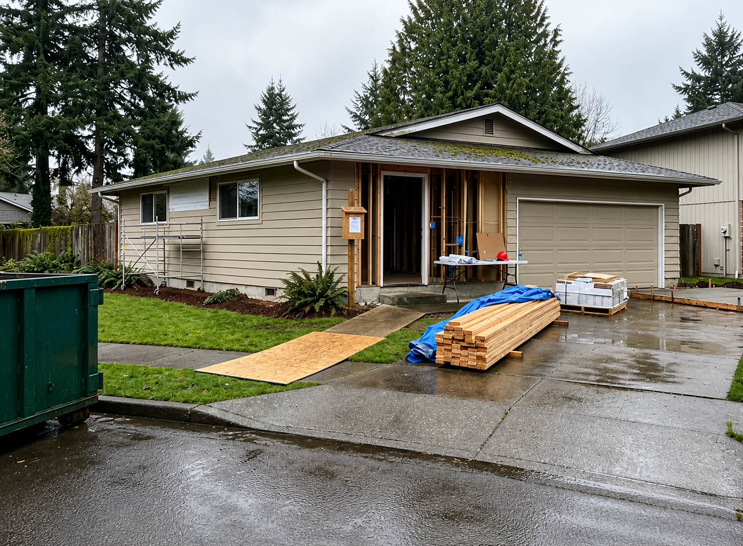 Single-story house with driveway, wood siding, and construction materials stacked outside on a rainy day