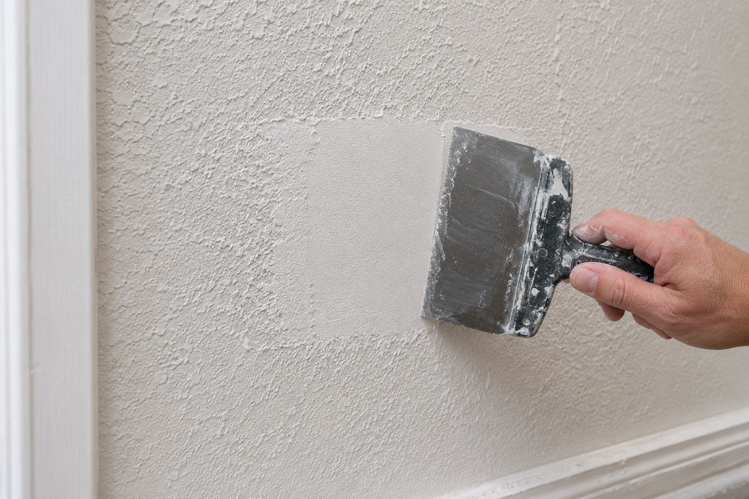 Hand using a putty knife to smooth white textured wall plaster indoors
