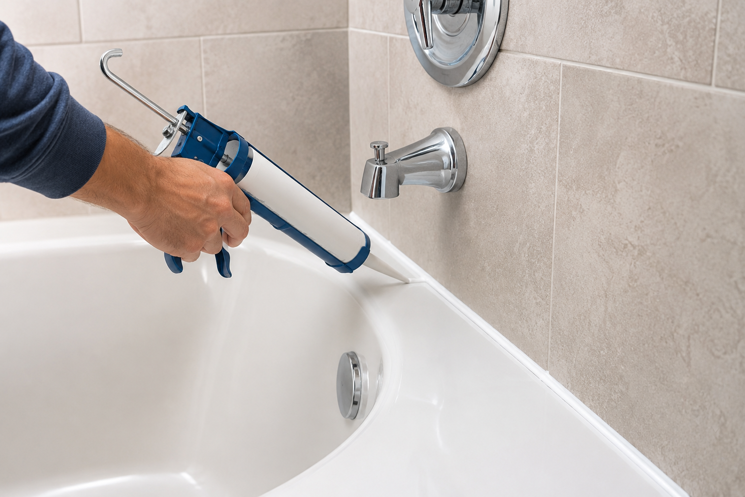 Hand applying sealant along the edge of a white bathtub in a tiled bathroom