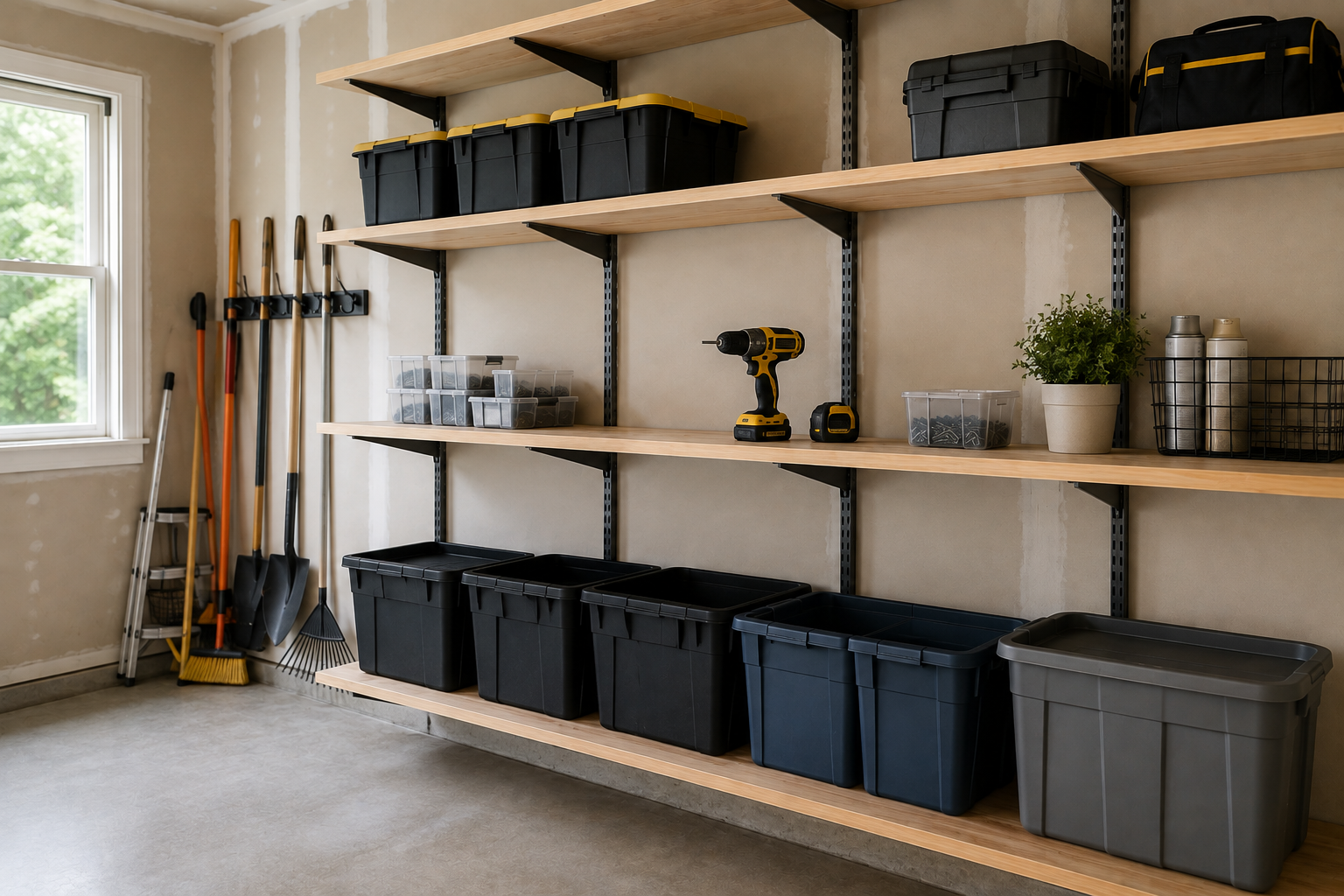Organized garage storage wall with wooden shelves, black bins, a drill, and a window on the left.