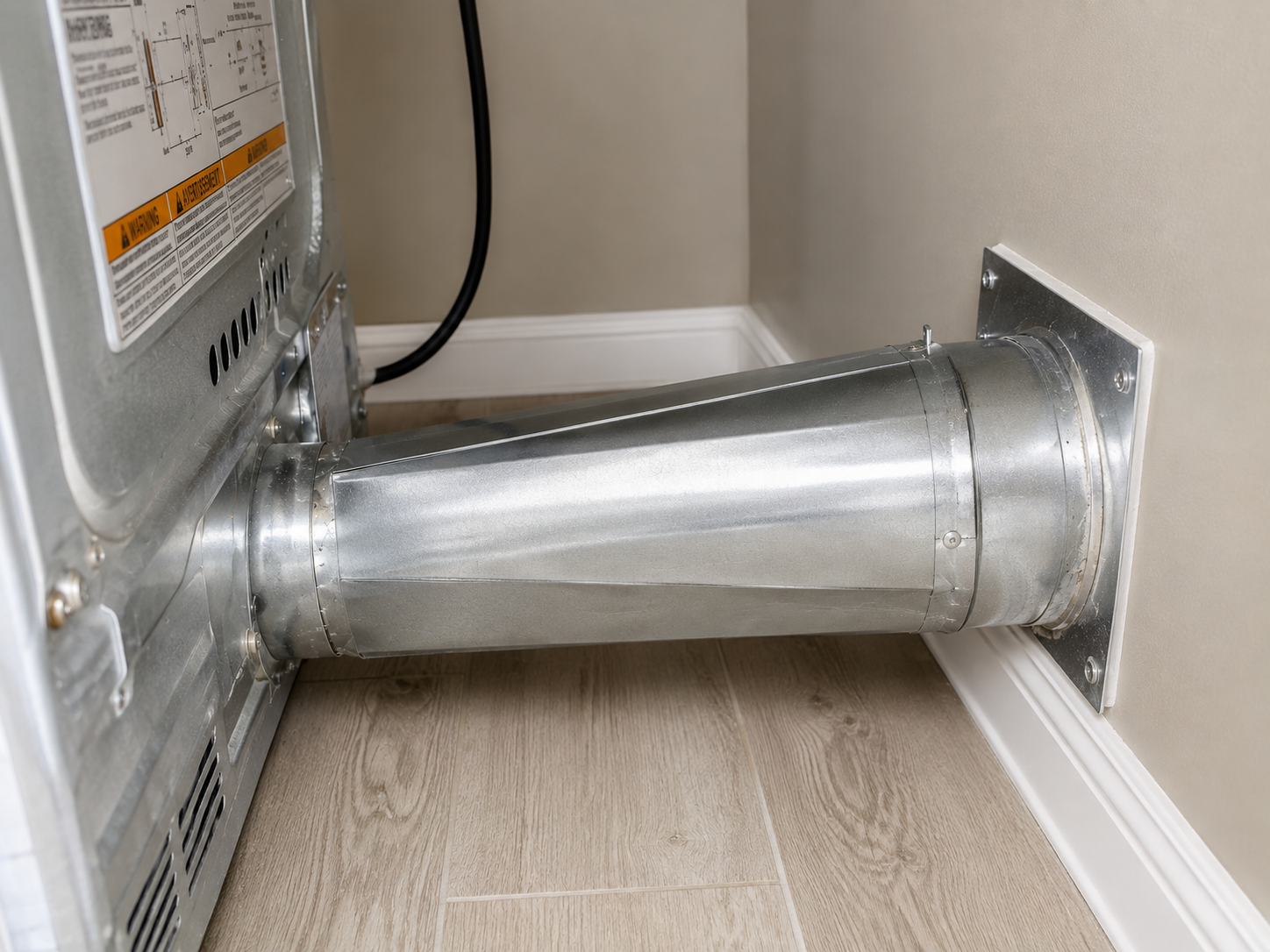 Silver dryer vent duct connecting an appliance to a wall vent in a corner room