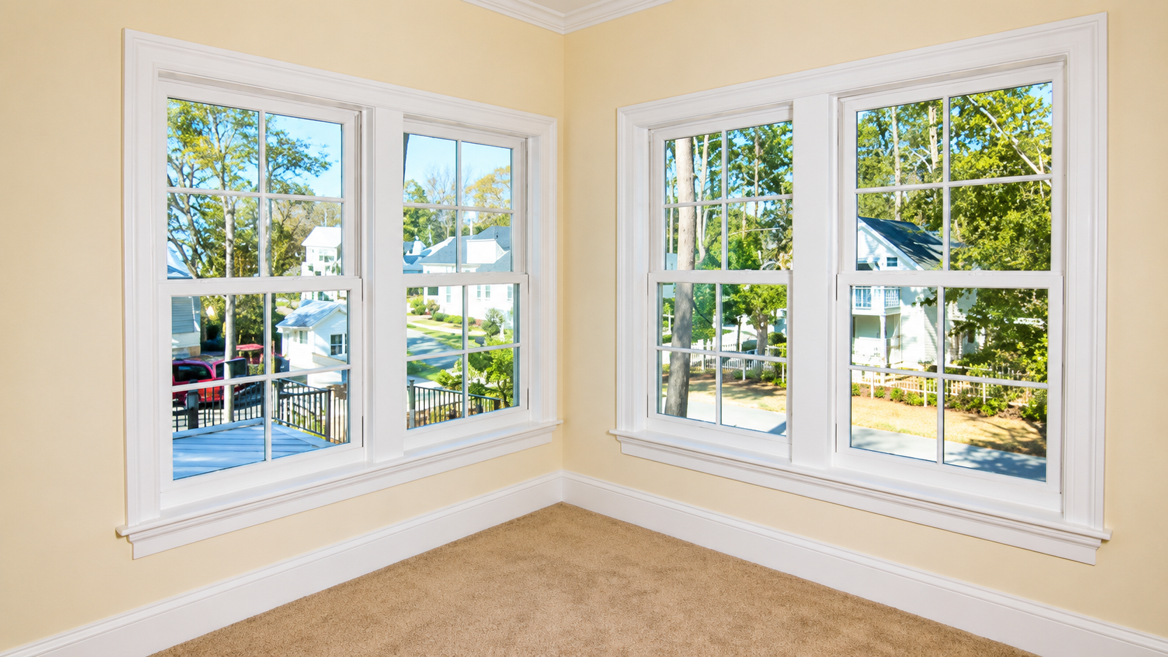 Empty corner room with beige walls, carpet, and two large white-trimmed windows showing a suburban street.