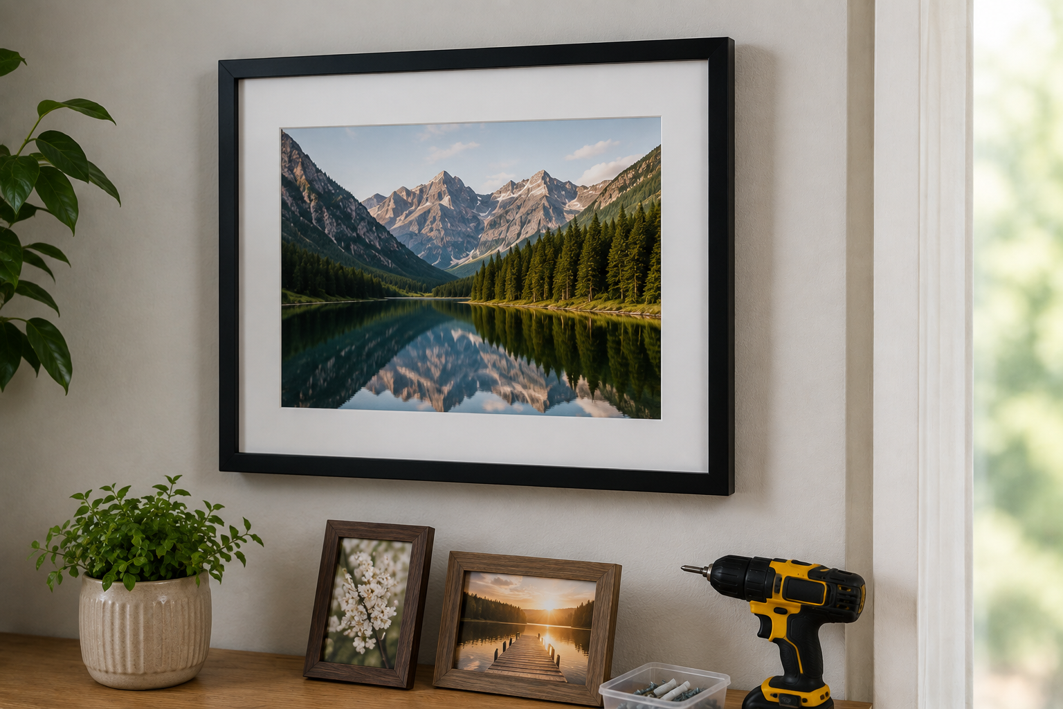 Framed mountain lake print above a shelf with plant, photo frames, and a yellow drill