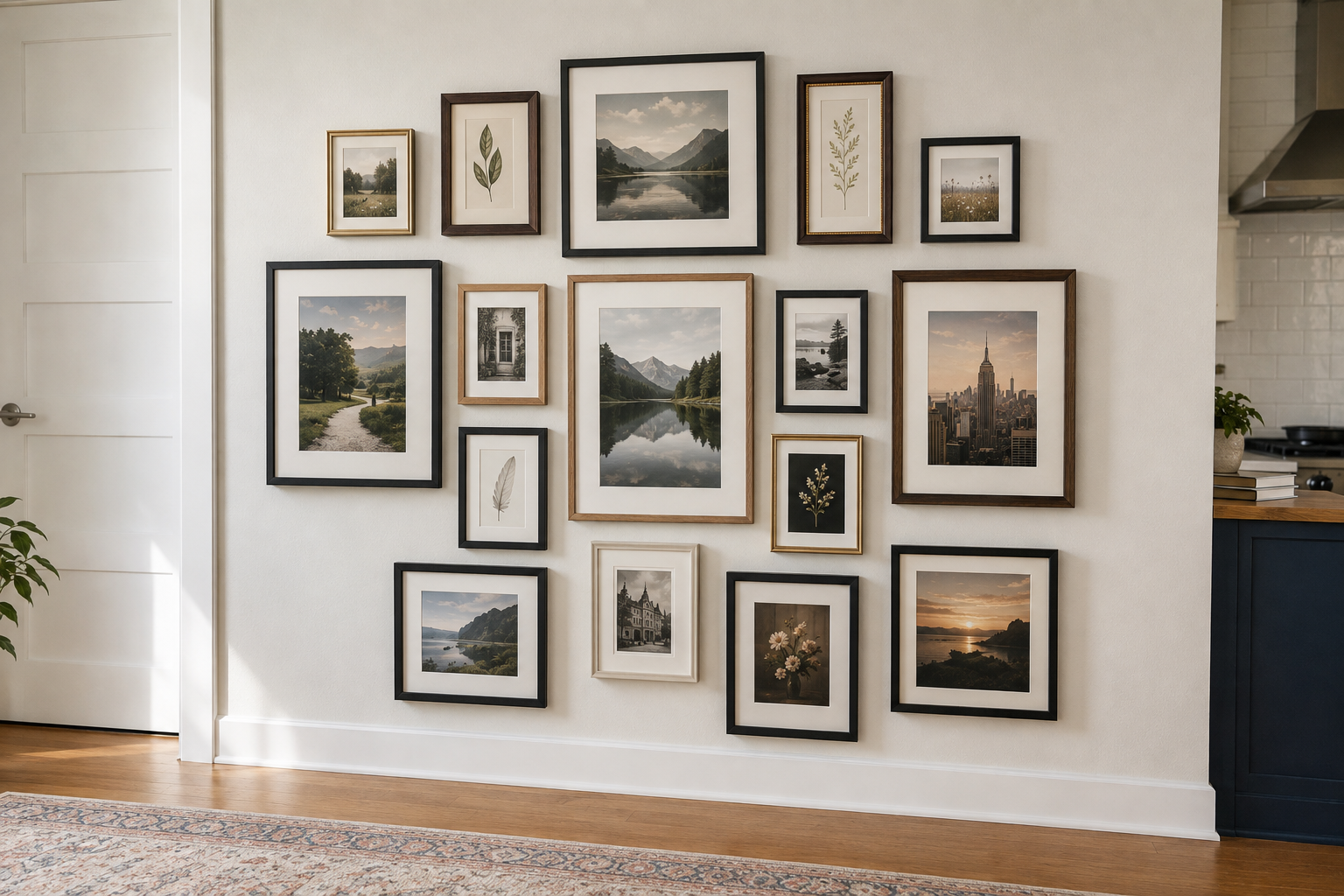 Gallery wall of assorted framed landscape photos in a bright living room