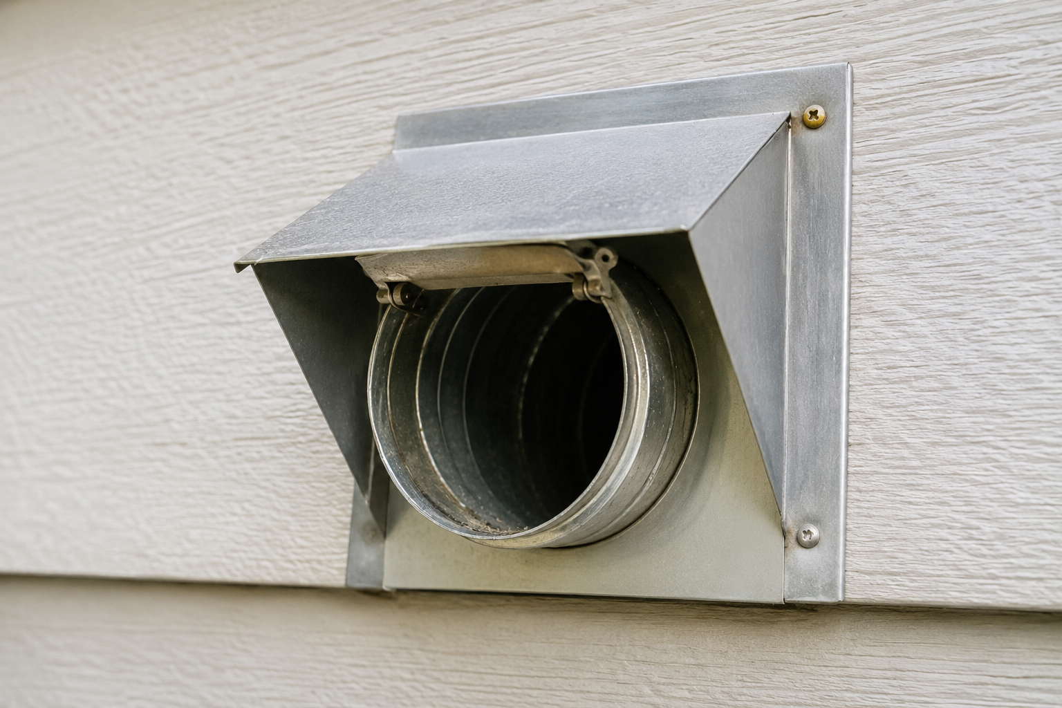 Exterior wall vent with a metal hood and circular duct opening
