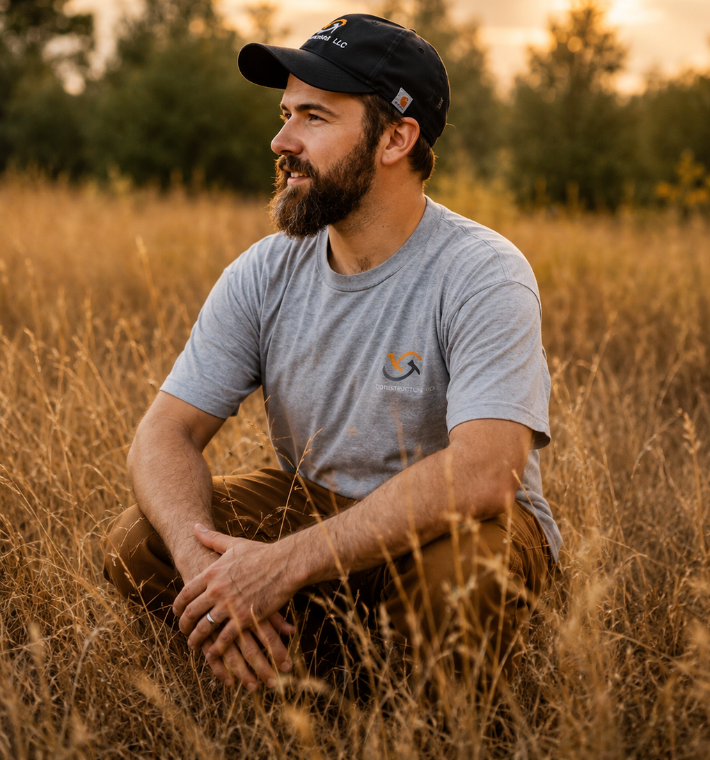 Man sitting in tall golden grass at sunset, wearing a black cap and gray T-shirt, looking to the left.