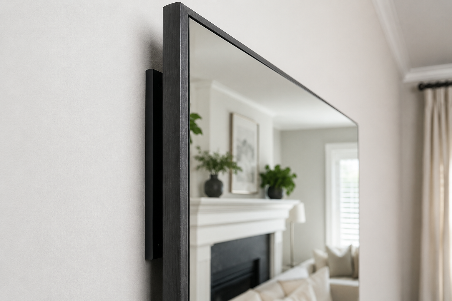 Black-framed wall mirror reflecting a bright living room with a fireplace, plants, and window curtains
