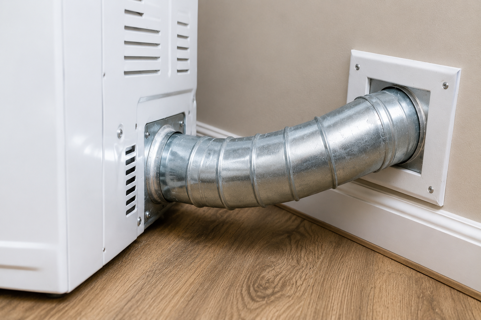 Metal dryer vent hose connected from a white appliance to a wall vent on a wooden floor.