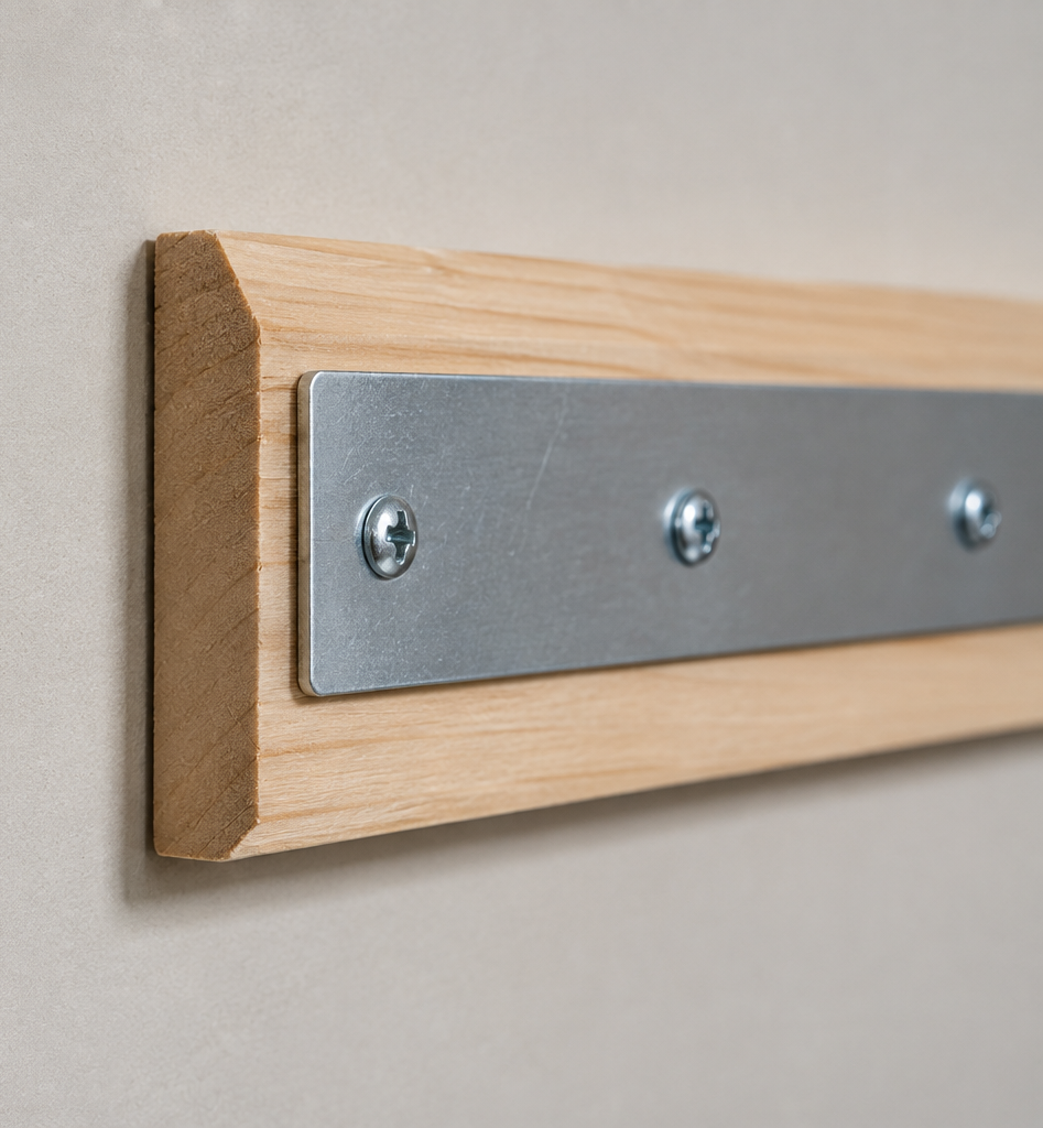Wooden wall-mounted rail with a brushed metal strip and visible screws