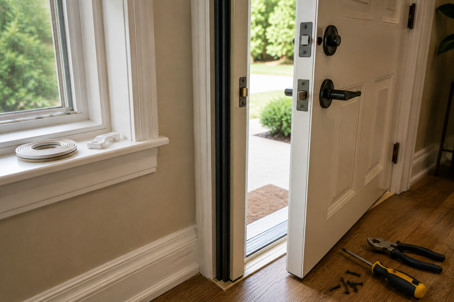 Front door ajar in a home entryway, with tools on the floor and daylight coming in.