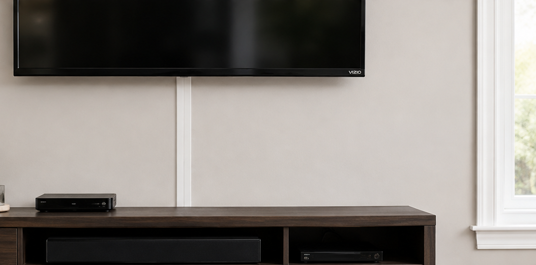 Wall-mounted TV above a dark console table in a minimalist living room with a window on the right