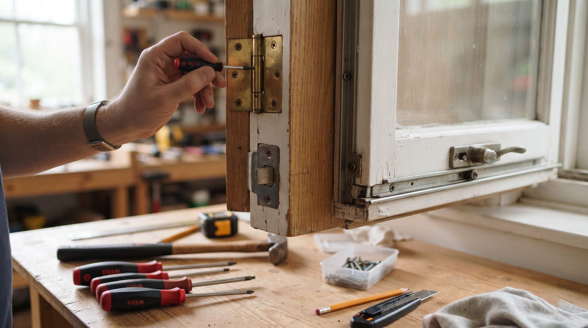 Hand opening a wooden window latch beside tools on a workbench in daylight