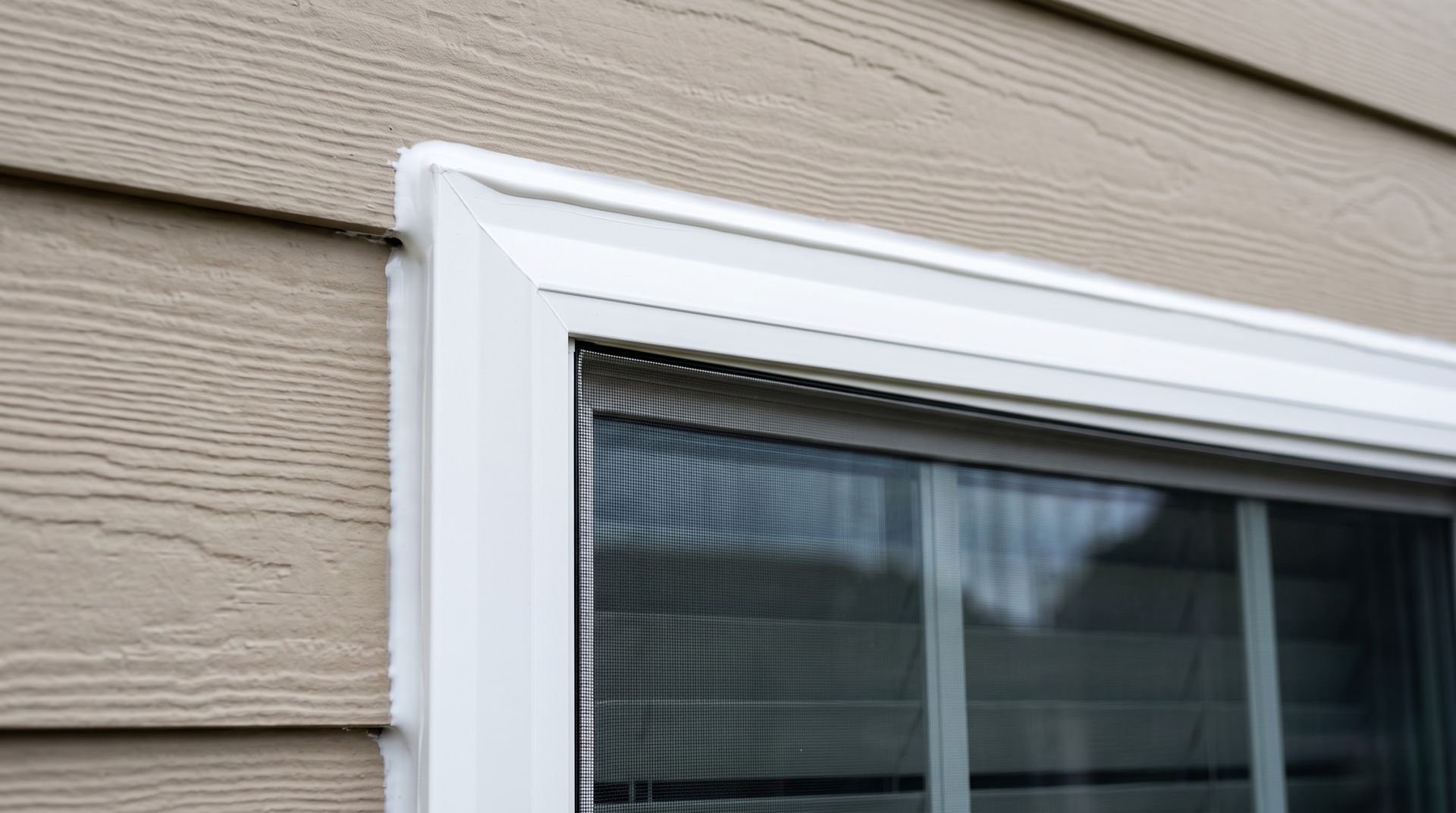 White-trimmed window with beige siding and a dark glass pane reflecting a cloudy sky