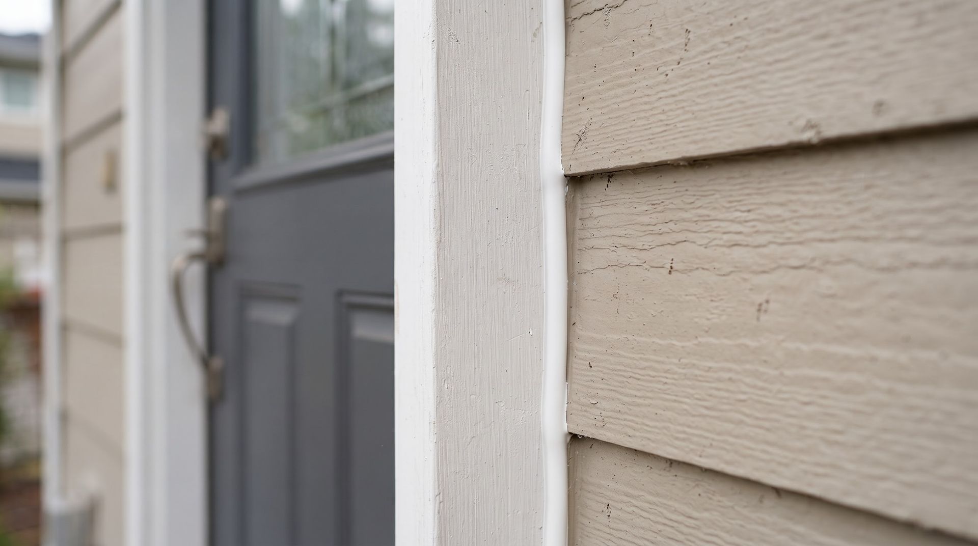 Gray front door beside beige house siding and white trim, seen in close-up.