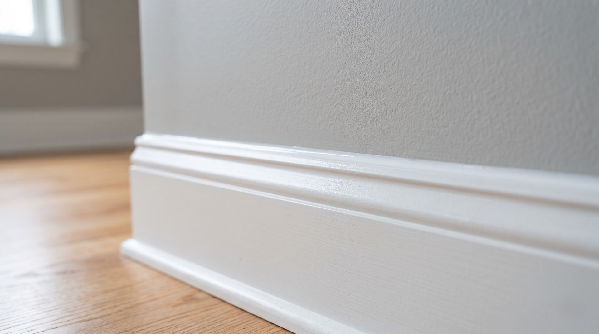 White baseboard trim along a gray wall above a hardwood floor in a hallway