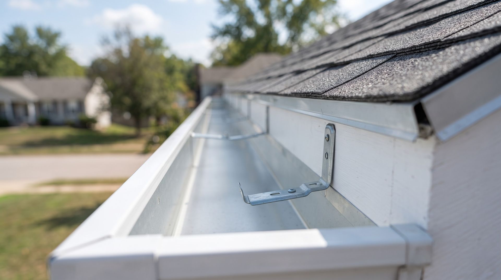 White metal gutter attached to a roof edge on a house, viewed close up outdoors.
