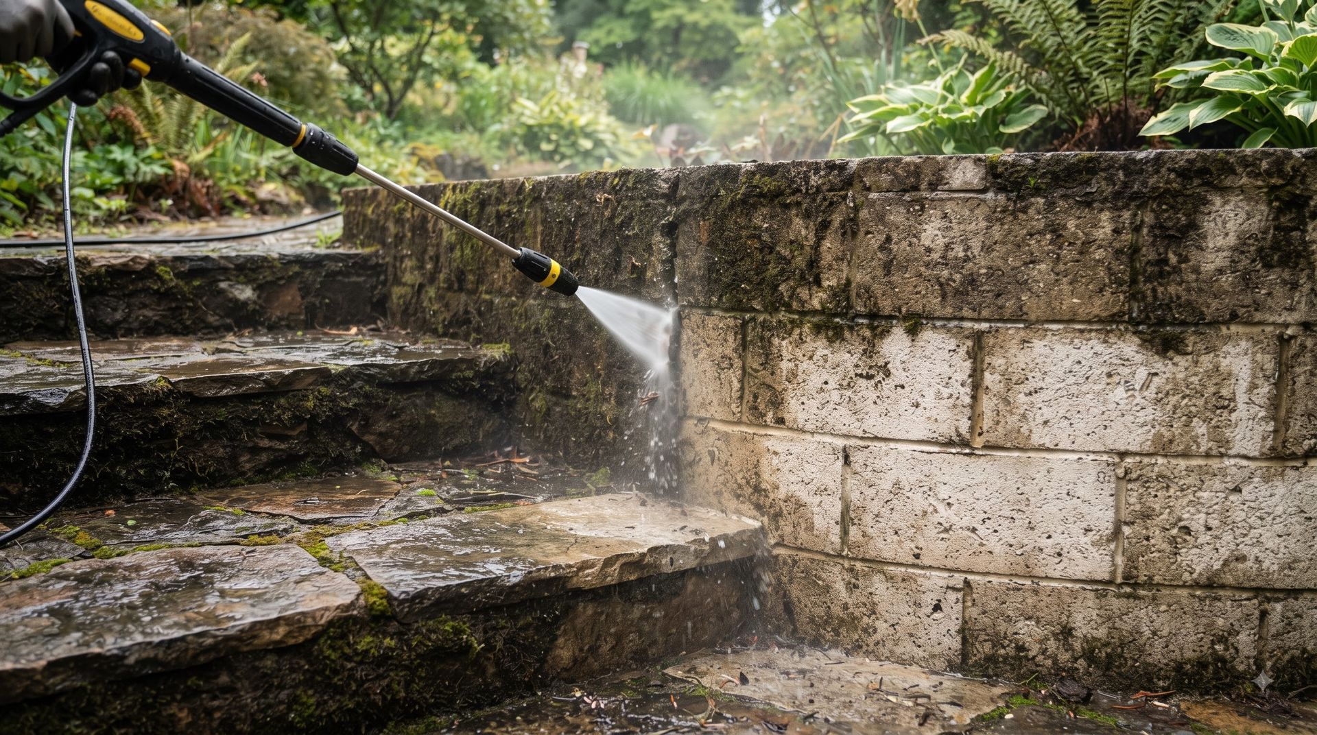 Pressure washer spraying water onto stone steps beside a mossy retaining wall in a garden.