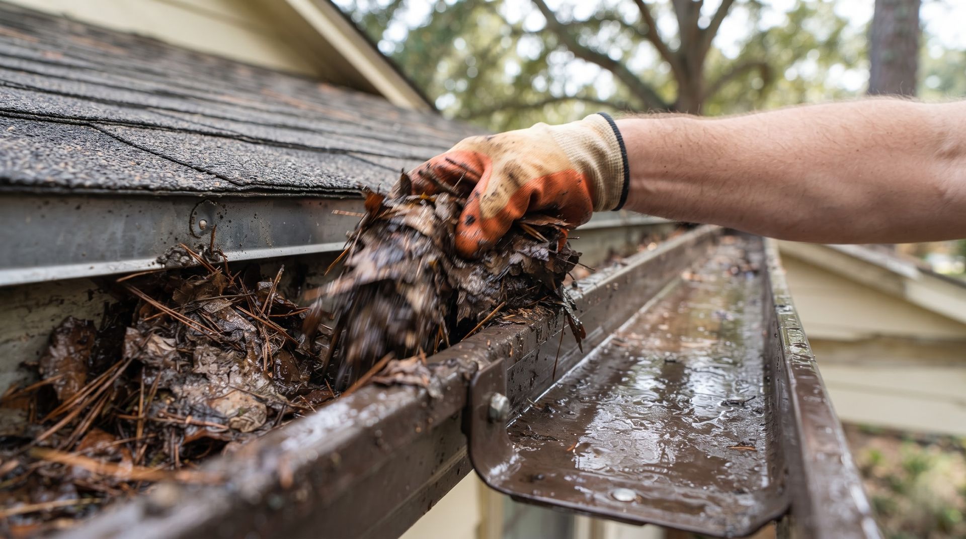 Gloved hand clearing wet debris from a clogged roof gutter