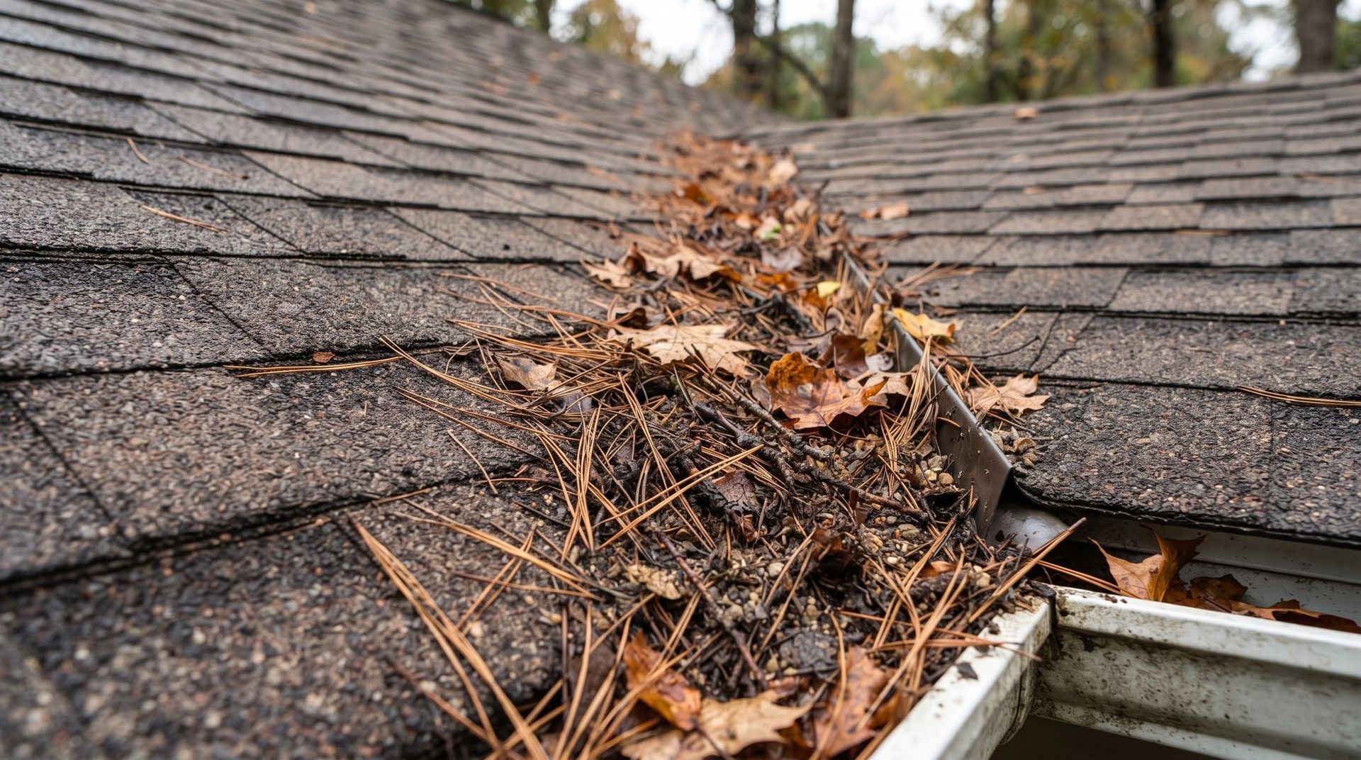 Leaves and debris clogging a roof valley near a gutter on a shingled house