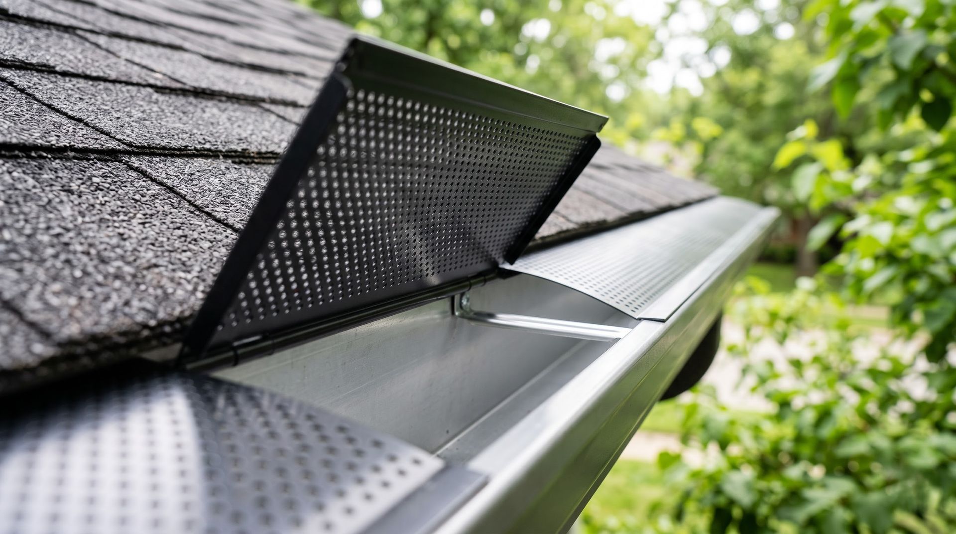 Open roof gutter with leaf guard on a shingled house, beside green trees