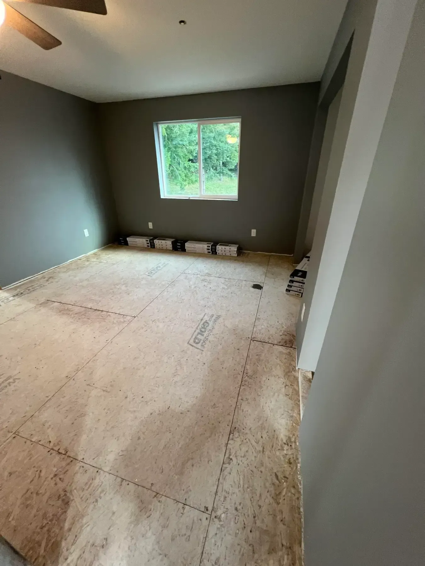 Empty gray room with unfinished plywood floor and a window overlooking greenery