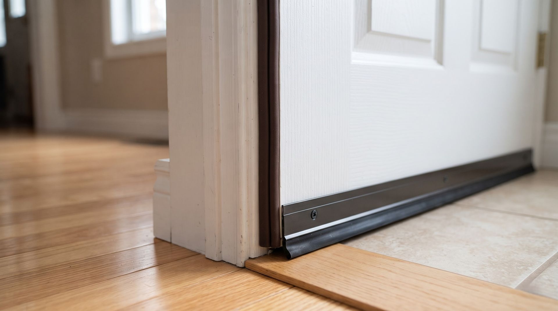 Open doorway with a low threshold between hardwood and tile floors in a home hallway