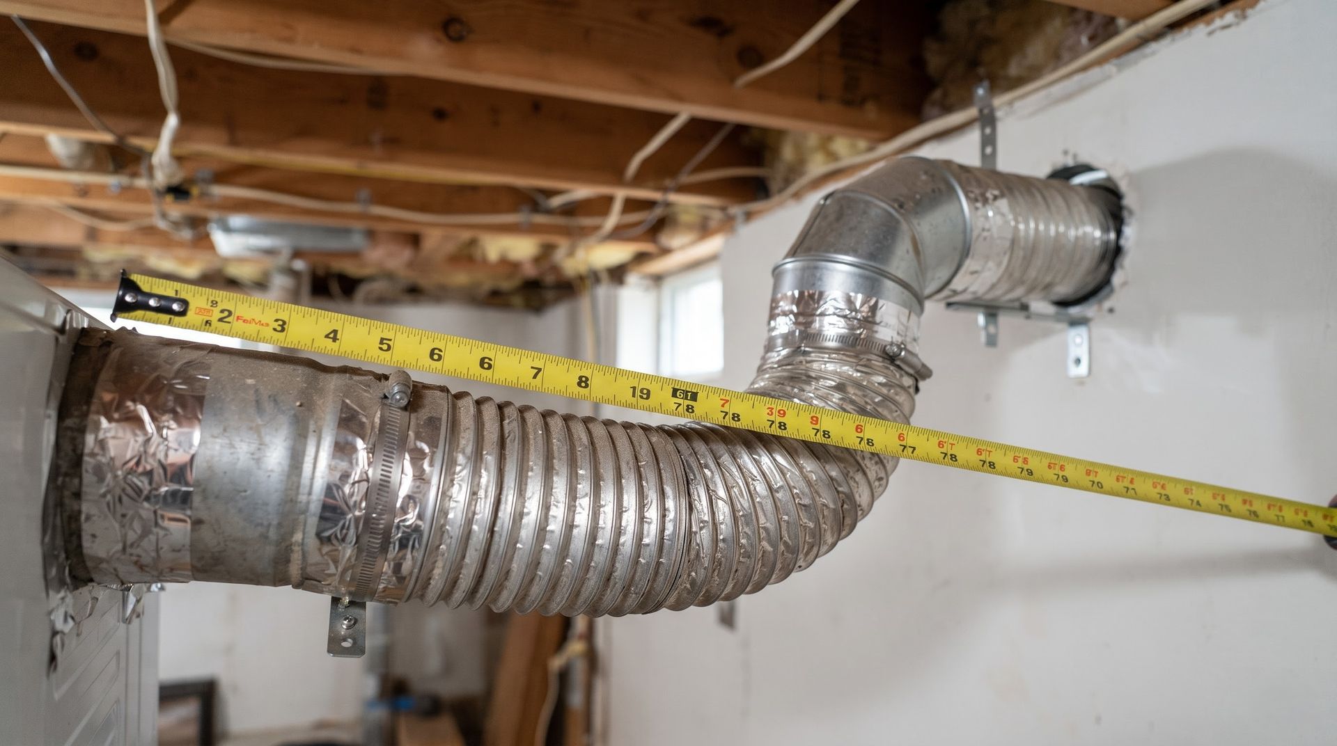Flexible metal duct under exposed basement joists, with a measuring tape stretched across it.