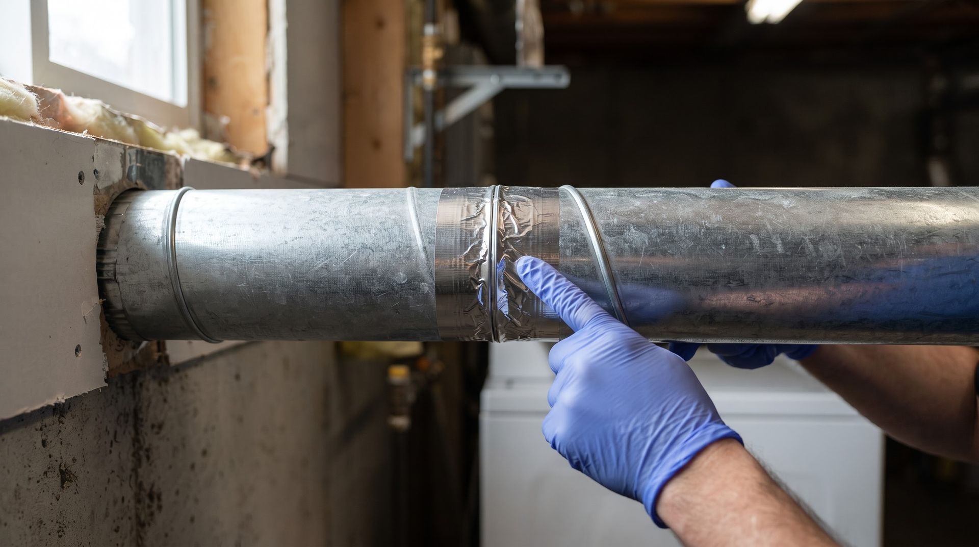 Gloved hands applying tape to a metal pipe joint in a workshop