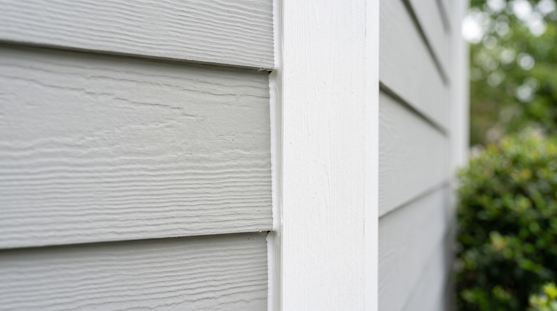 Close-up of gray house siding and white trim beside a blurred green shrub.