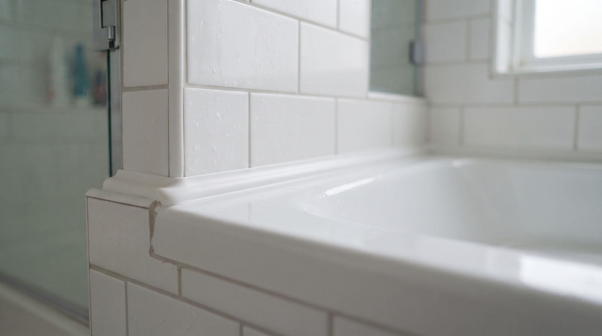 White tiled bathroom with a built-in bathtub and glass shower enclosure