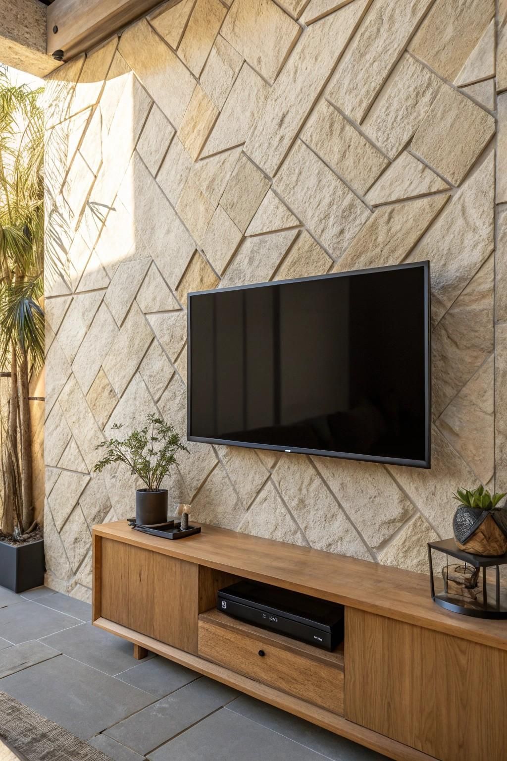 Modern living room with wall-mounted TV above a wooden media console and textured stone accent wall