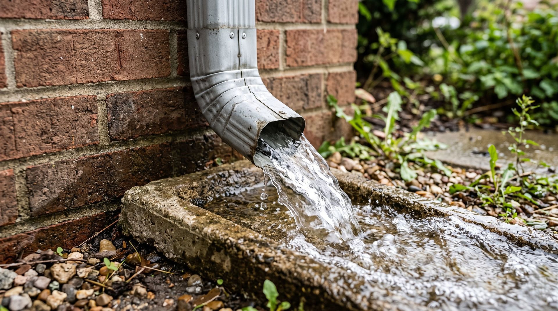 Rainwater pouring from a silver gutter downspout onto a stone slab beside a brick wall.