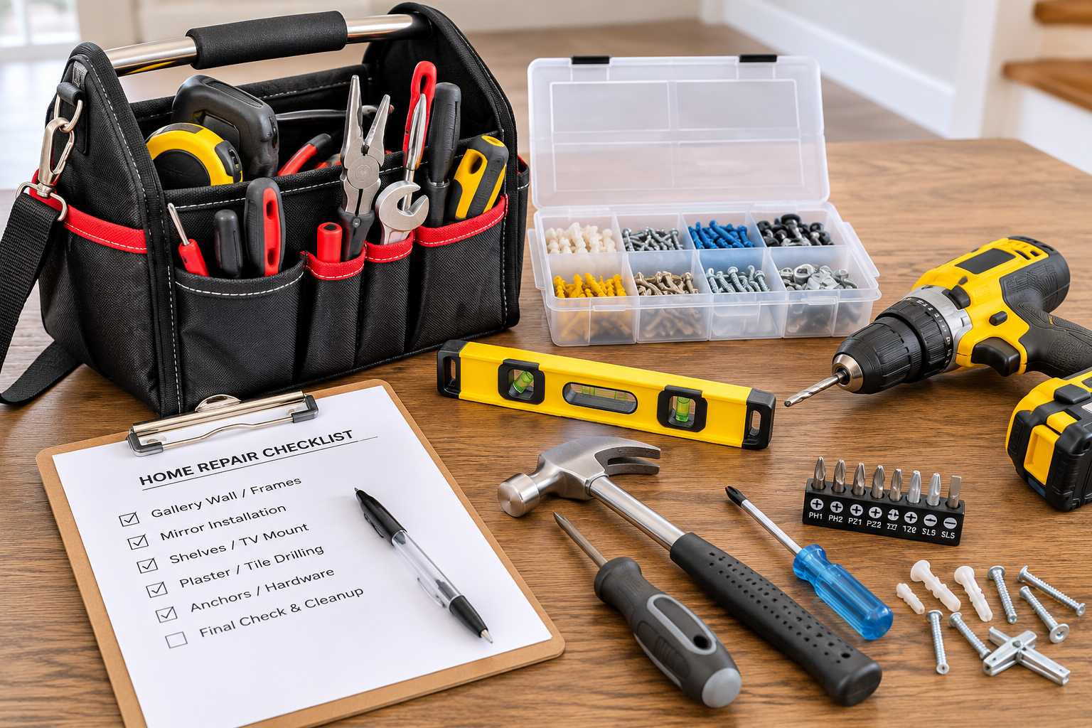 Tool kit with screwdrivers, hammer, drill, level, screws, and a checklist on a workbench.