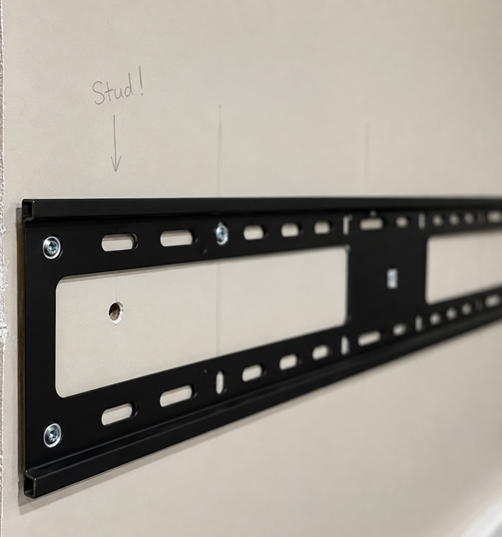 Black wall-mounted TV bracket on a white wall, shown in close-up perspective