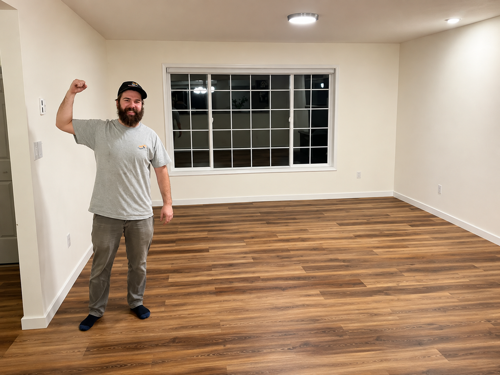 Man standing in an empty room with wood flooring, white walls, and a large window.